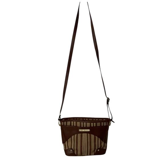 Etienne Aigner Brown Striped Bag Womens Leather Trim Handbag Purse - Picture 2 of 14